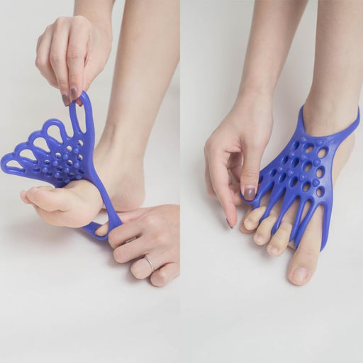 Blue toe orthosis – side-by-side view of foot inserting and wearing toe stretcher for alignment and flexibility