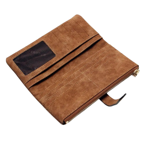 Open coffee suede wallet with transparent ID slot, zippered section, and multiple card slots – organized two-fold layout – 411355 13972034
