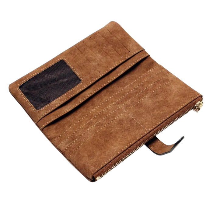 Open coffee suede wallet with transparent ID slot, zippered section, and multiple card slots – organized two-fold layout – 411355 13972034
