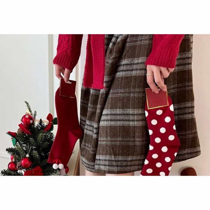 Digital Shoppy 1 Pair Red Angora Polka Dot Mid-Calf Christmas Stockings - Soft & Festive Wear