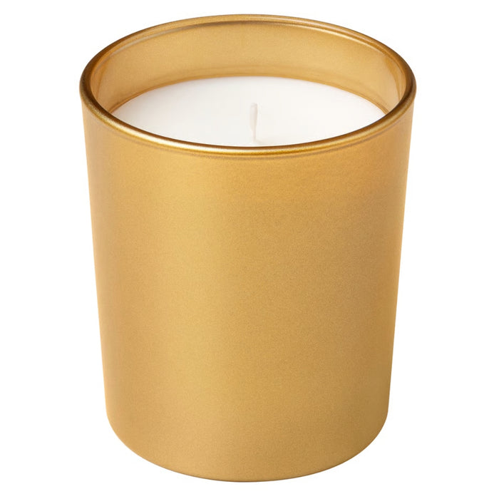 IKEA GOKVÄLLÅ Scented candle in glass, Sandalwood & patchouli, 50 hr with FENOMEN Unscented pillar candle, silver-colour, 45 hr
