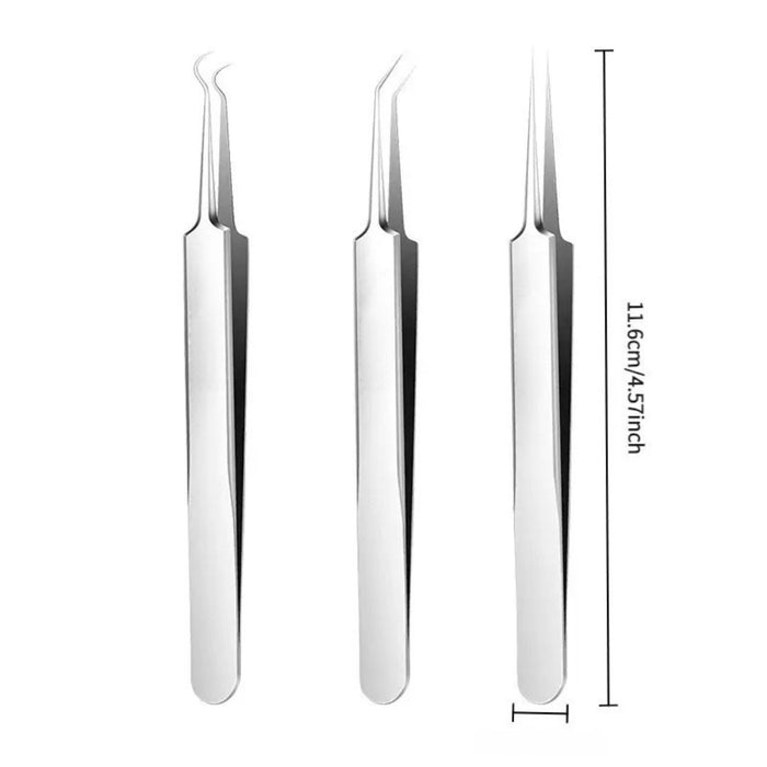 Three pairs of silver tweezers with measurements on a white background