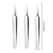 Three pairs of silver tweezers with measurements on a white background