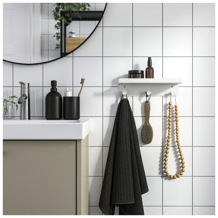 Ikea ENUDDEN Wall Shelf with 3 Hooks, White, 30x8 cm, with TÄRNESTAD Oak Knob, 17 mm, 2 Pack