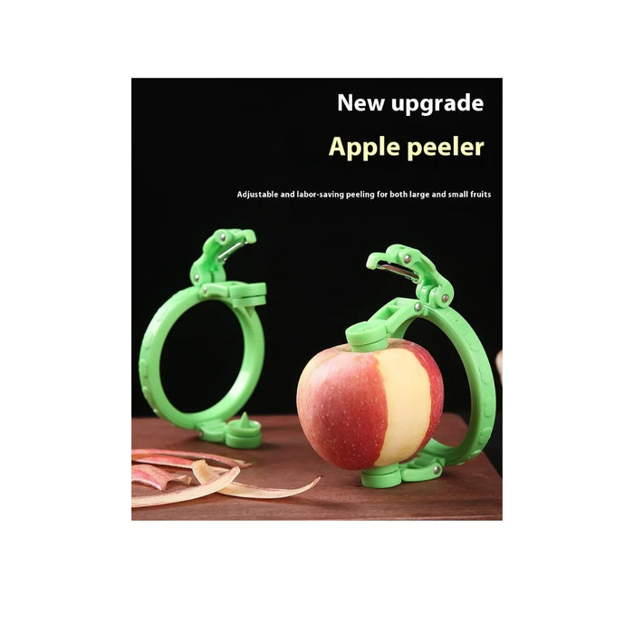 Green apple peeler with an apple on a wooden surface, against a black background with text.