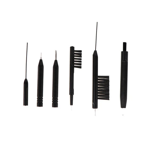 Set of six black precision cleaning tools including brushes and picks, ideal for maintaining hearing aids and electronics