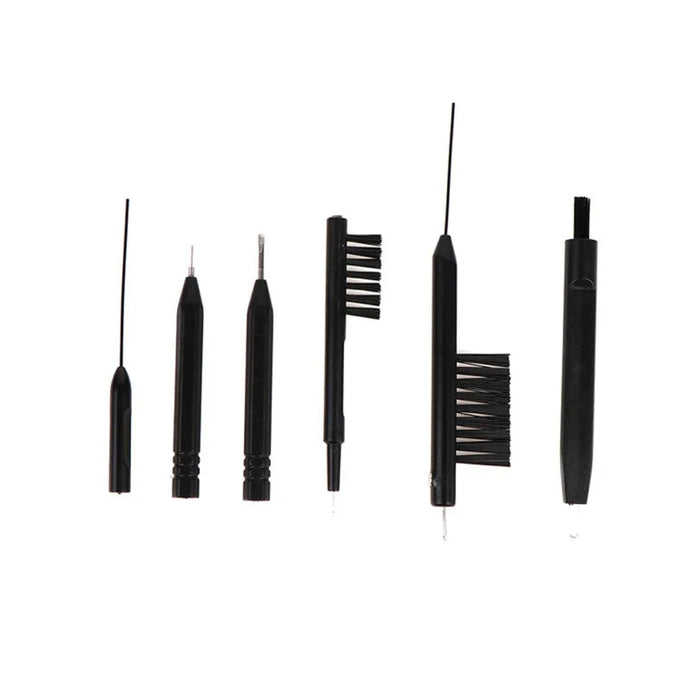 Set of six black precision cleaning tools including brushes and picks, ideal for maintaining hearing aids and electronics
