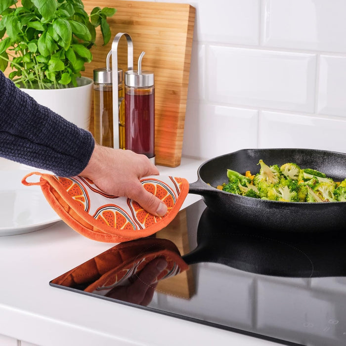 IKEA Kitchen Textiles Set: TORVFLY Orange Pot Holder, INAMARIA Patterned Tea Towels (4-Pack) & PÅLYCKE Clip-on Hook Rack