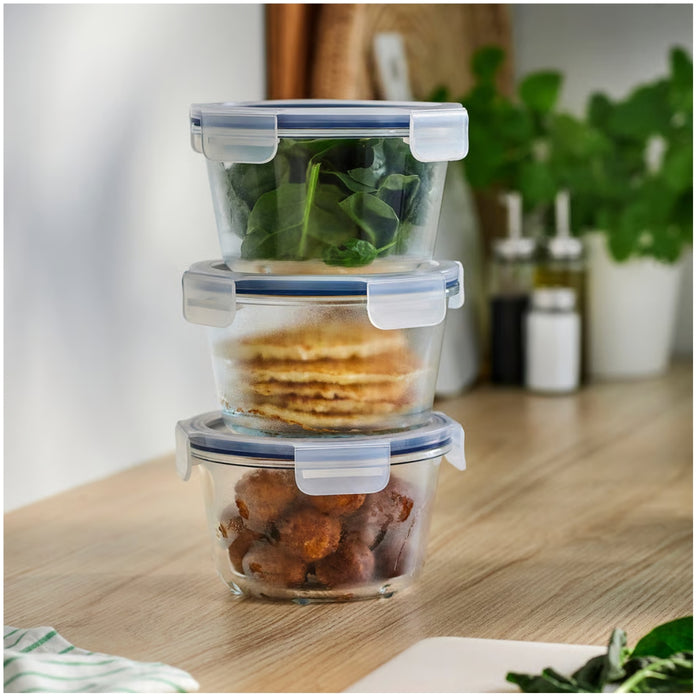 IKEA 365+ Food container with lid, round/glass, 600 ml (20 oz) with VÅRFEST Paper napkin, patterned light pink/orange, 16x32 cm,