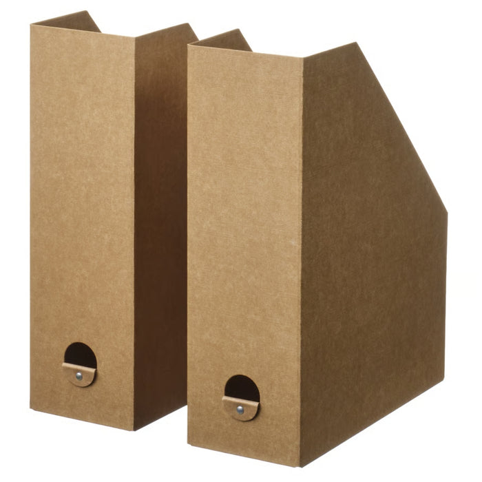 IKEA GÄRDESGÅRD magazine file – natural brown cardboard holders with circular cutout and leather pull tab-40596951