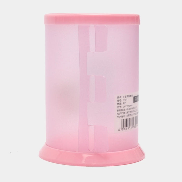 Pink cylindrical container with a clear window on a white background