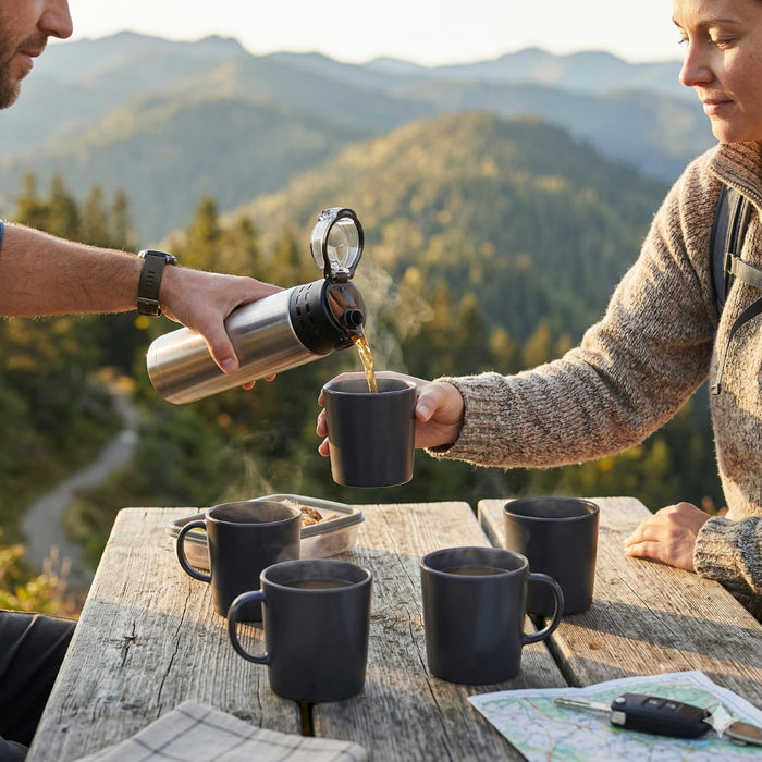 IKEA Drinkware Set - BÅGCIKLID Stainless Steel Vacuum Flask (1L, Silver) & DINERA Dark Grey Ceramic Mugs (4-Pack, 30cl)