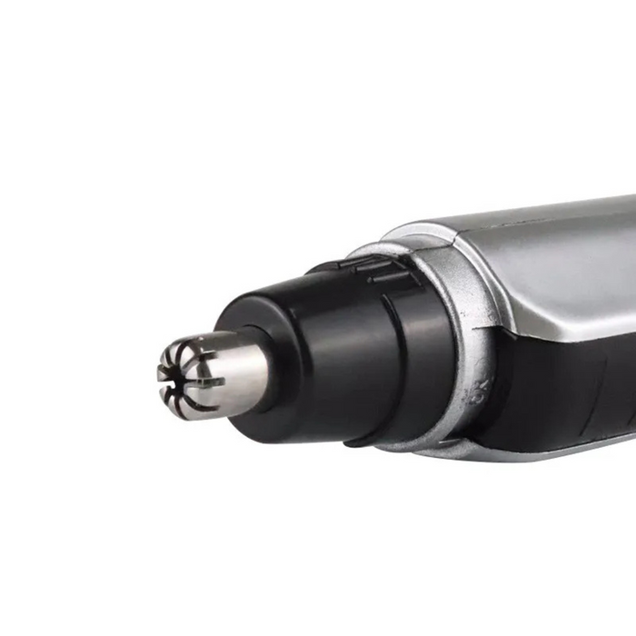 Close-up of a black and silver electric shaver on a white background