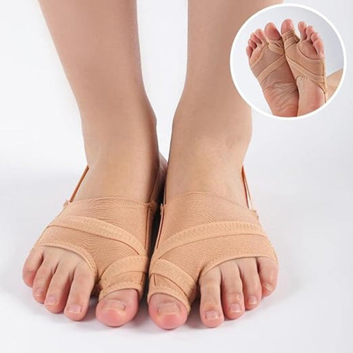 Thumb valgus mesh foot protector – orthopedic bunion sleeve with arch strap and toe alignment support, shown on foot

