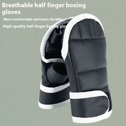 Black half-finger boxing glove with white accents on a gray background