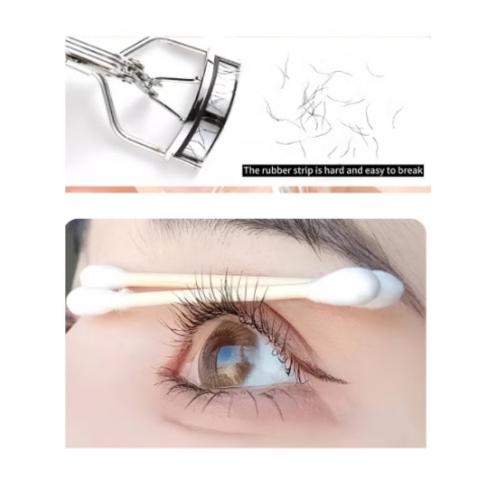 Eyelash extension tool with a close-up of an eye wearing false eyelashes.