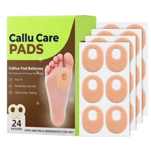 Digital Shoppy Callu Care Pads – Oval-shaped foot pads with central hole, shown with packaging and applied to foot