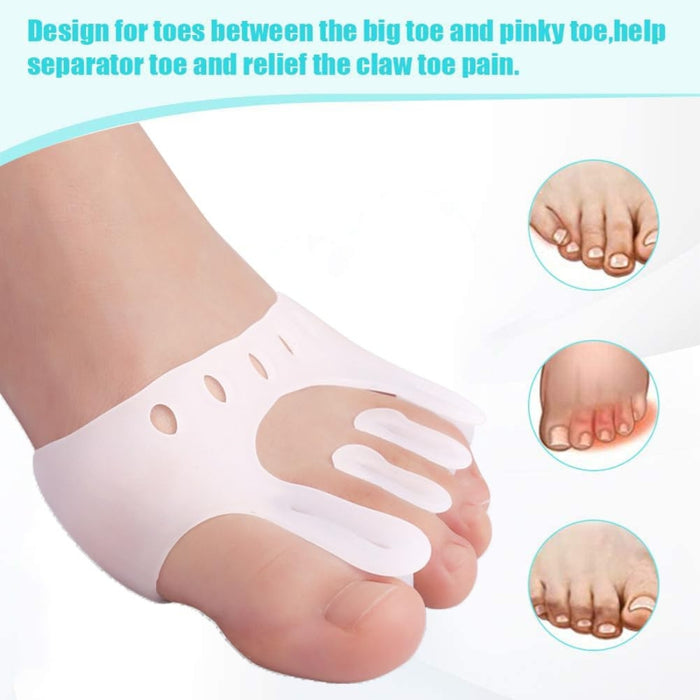 Single foot wearing the separator with labeled benefits for claw toe pain and toe alignment