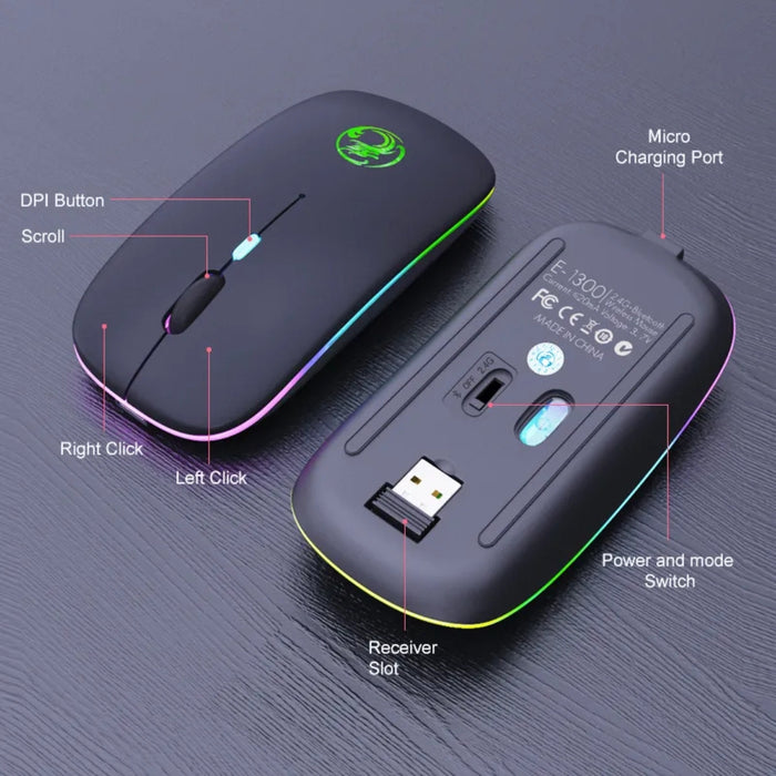 Black wireless mouse with labeled parts on a dark background