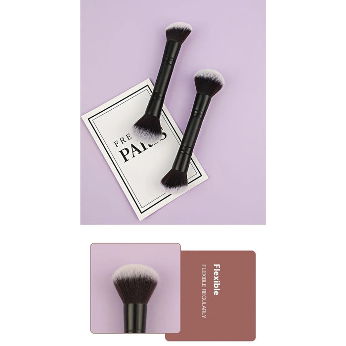 Makeup brushes with branded cards on a light purple background