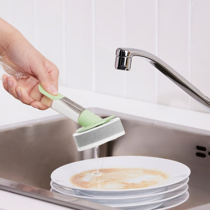 Simplify your dishwashing routine with the IKEA VIDEVECKMAL 3-piece dish sponge set. This practical set features a transparent dispenser handle in a refreshing light green, making it easy to see when it's time for a refill.
