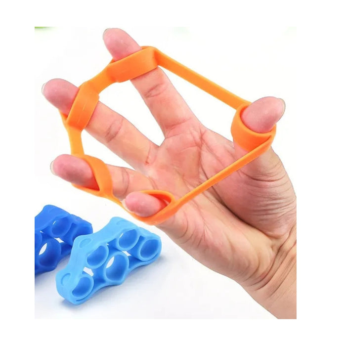 Hand using an orange finger exerciser with blue resistance bands on a white background