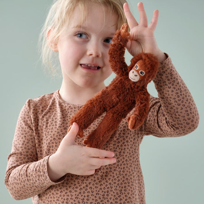 Two orangutan plush toys playfully hanging from a wooden shelf with colorful children’s books in the background.


