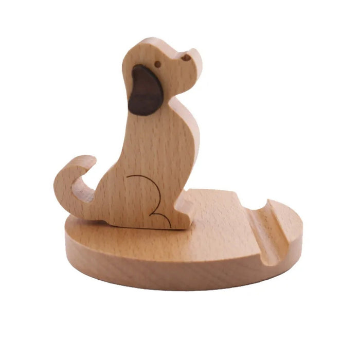 Digital Shoppy Wooden Phone Bracket, cartoon puppy design in light wood with darker ear and nose accents