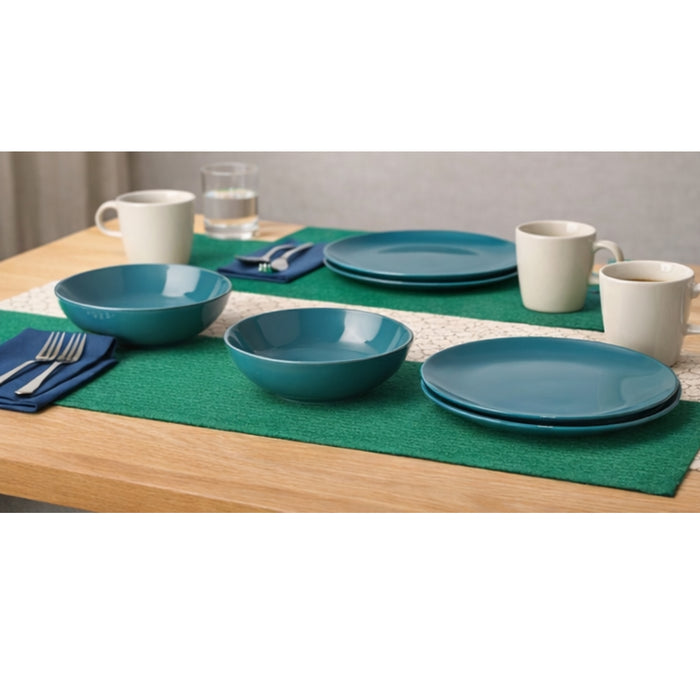 IKEA Dining Set: 4-Pack Glossy Dark Turquoise Plates, SNÖKRABBA Napkins & Dark Green Table Runner