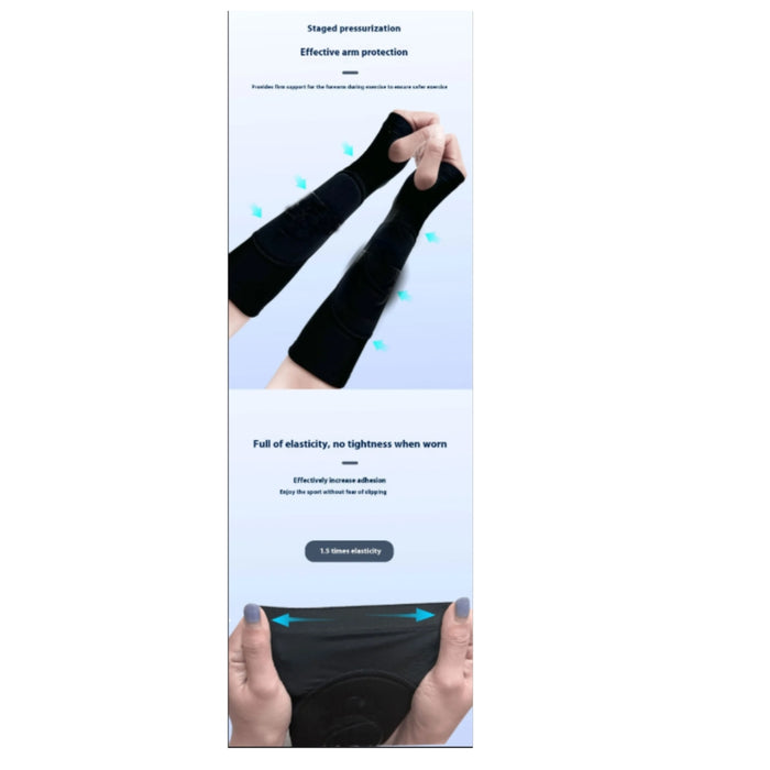 Black compression sleeves with text on a white background