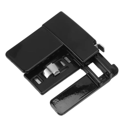 Black adjustable waist stretch buckle for pants; unisex clip-on design with internal slider – shown closed and open for waistband tightening – 1598451446607, 13670679