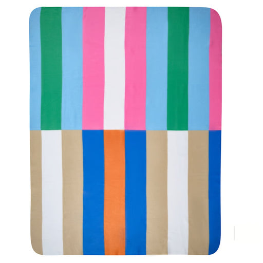 Colorful striped fabric with vertical stripes in green, pink, blue, white, brown, orange, and blue.