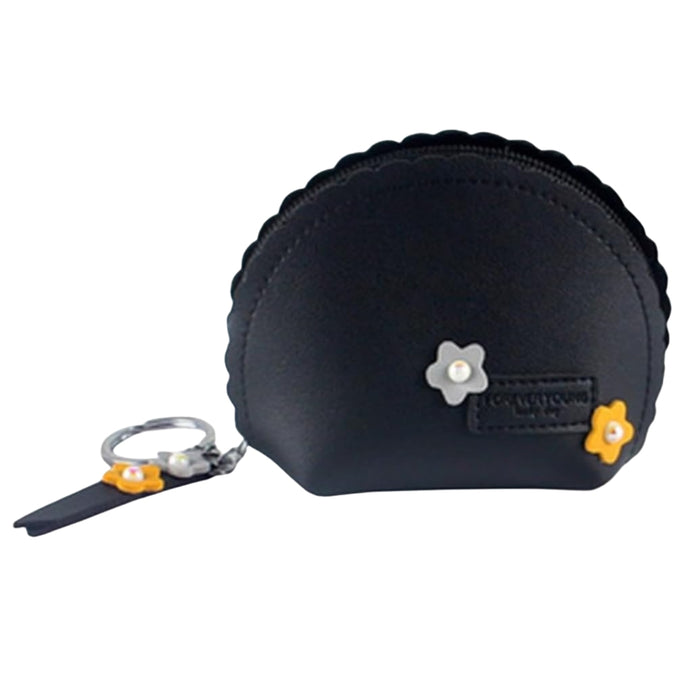 Digital Shoppy coin key case – black semi-circular pouch with scalloped edge, floral accents, and zipper closure

