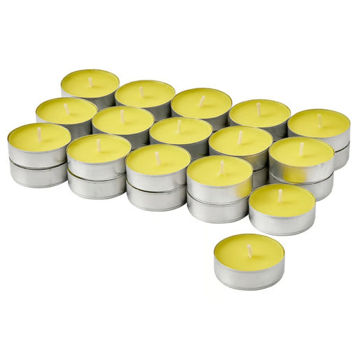 IKEA BLODHÄGG scented tealight – lemon & lemongrass/yellow, 3.5 hr burn time, 19 candles in silver holders - 30571507