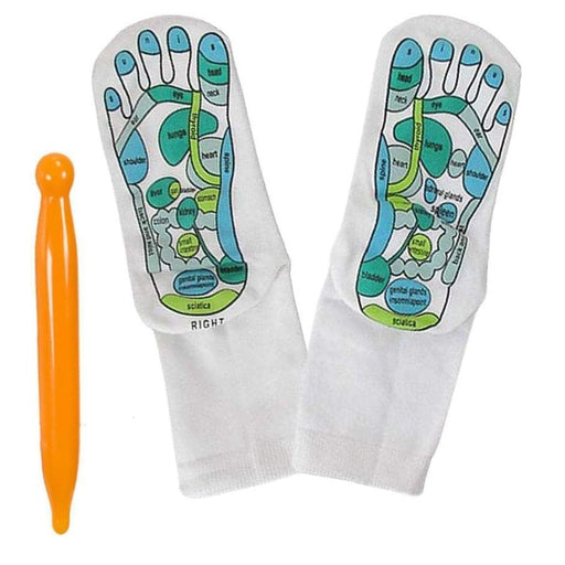 Digital Shoppy reflexology socks – white cotton pair with colorful foot meridian chart and orange massage tool