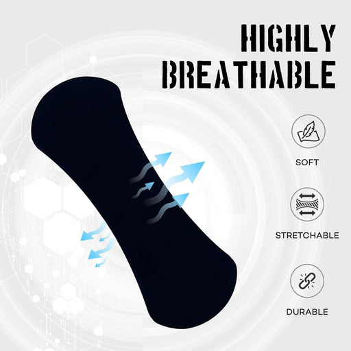Black nasal plug with airflow graphics, highlighting breathability, softness, stretchability, and durability
