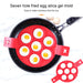 7-hole Silicone Non-Stick Pancake Egg Mould in red, placed inside a frying pan with six eggs cooking—each egg held neatly in its own round compartment. Two eggs sit beside the pan, and text above reads: “Seven hole fried egg silica gel mold. Easy to make nutritious food for you.” Ideal for quick, uniform breakfast preparation -2147192 13025440.