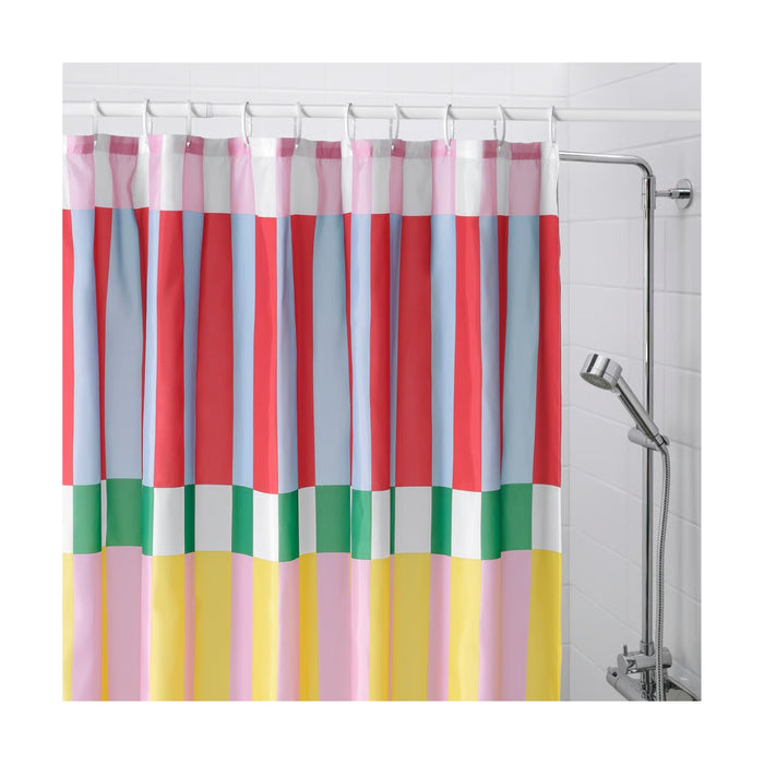 Colorful striped shower curtain in a bathroom setting