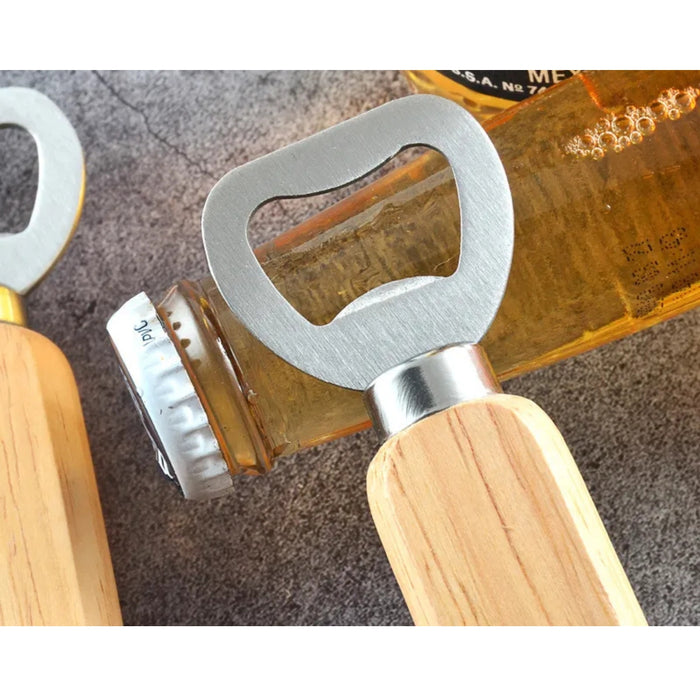 Wooden-handled bottle opener with metal opener on a bottle