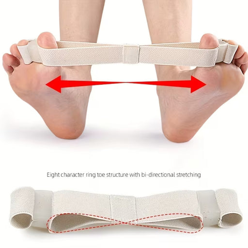 toe stretcher band worn on feet showing outward stretch for alignment