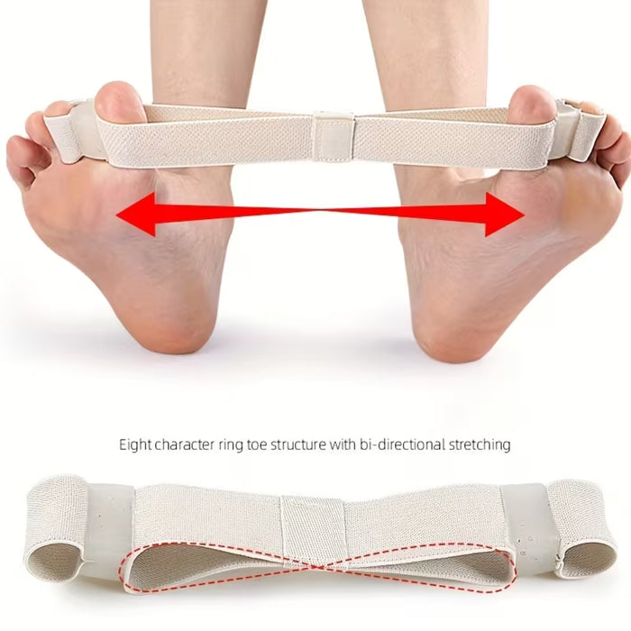 toe stretcher band worn on feet showing outward stretch for alignment