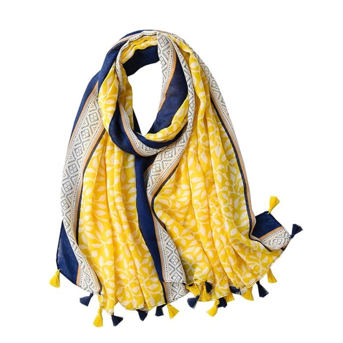 Digital Shoppy shawl scarf – looped cotton-linen scarf with yellow leaf print, blue borders, and tassels in yellow and navy

