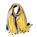 Digital Shoppy shawl scarf – looped cotton-linen scarf with yellow leaf print, blue borders, and tassels in yellow and navy

