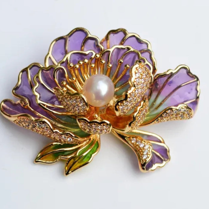 Digital Shoppy Purple Peony Brooch – Chinese Pearl Ornament for Women