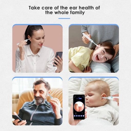 Four lifestyle scenes featuring different users—a father with child, a young woman, and a baby—using the Digital Shoppy Wi-Fi visual ear scoop with smartphones displaying real-time inner ear images; headline text reads “Take care of the ear health of the whole family,” showcasing multi-generational usability – 1598453325969 12862661.