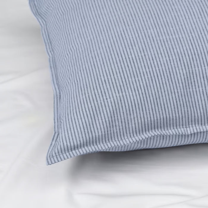BERGPALM pillowcase, blue/striped, 50x80 cm. Thin vertical stripes in soft blue on white cotton, shown on white bedding – adds calm, classic look to bedroom – 50577117.