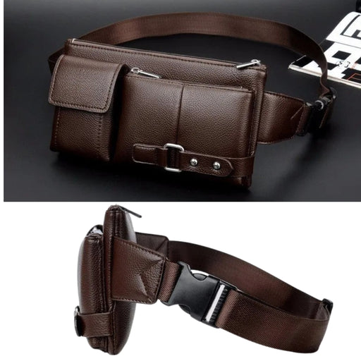 Brown leather waist bag with zippered and flap pockets, shown from front and side angles – 1600007588949 14145394