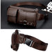 Brown leather waist bag with zippered and flap pockets, shown from front and side angles – 1600007588949 14145394