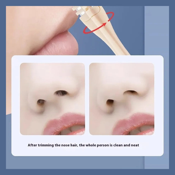 4pcs Nasal Grooming Tool – Safe Trimmer with Protective Comb, Stainless Steel Blade, rotary trimmer in use with before-and-after comparison