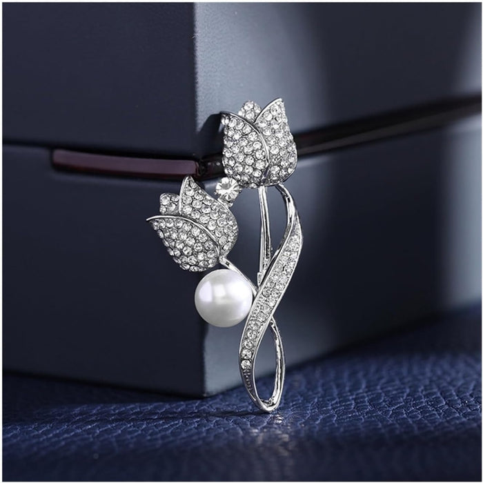 Digital Shoppy Silver Tulip Brooch – Micro-Inlaid Zircon, Elegant & High-End Design